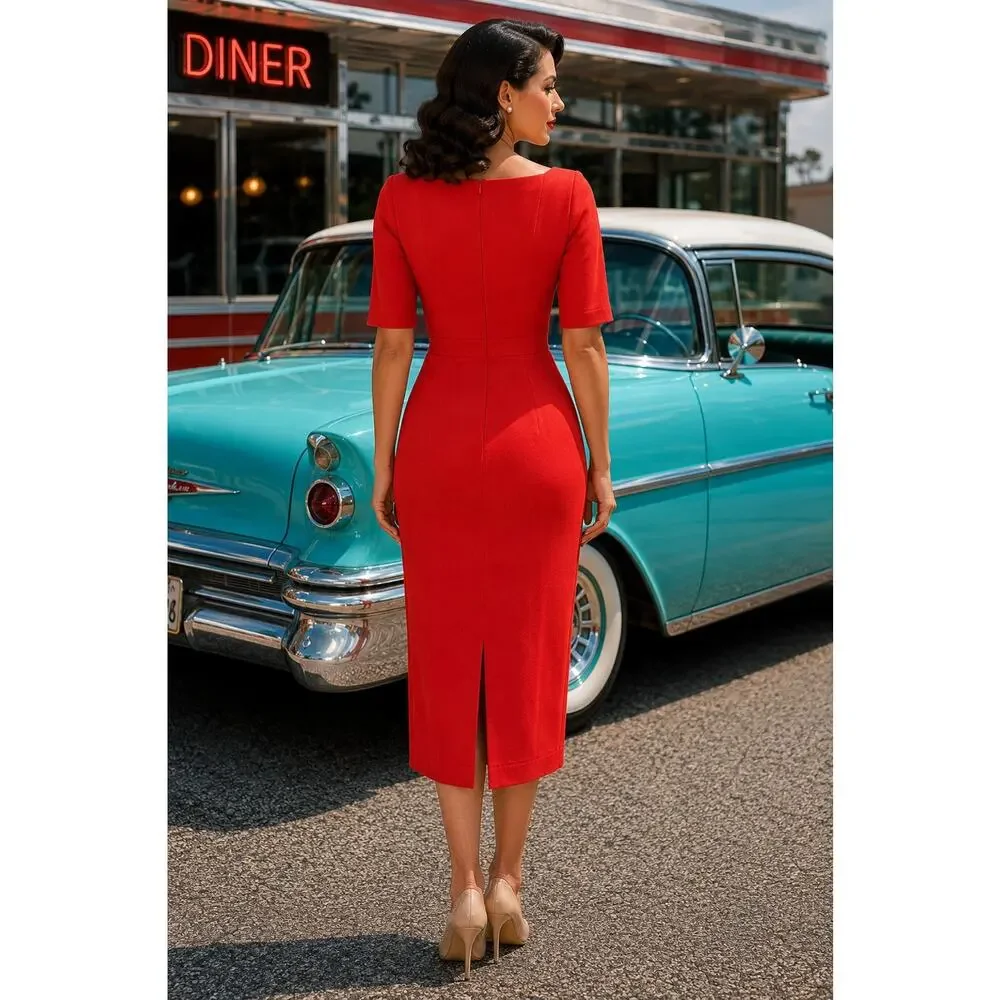 Tulip B Red Bodycon Midi Dress Women's Small Retro Pinup NWT - Picture 2 of 8